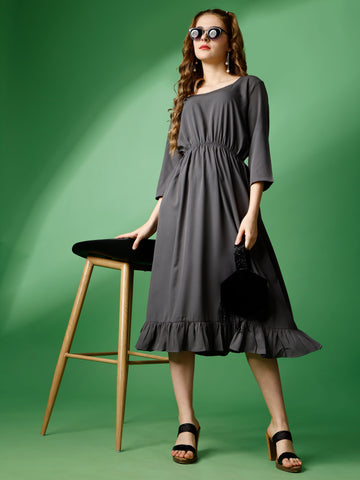 Dark Grey Party Wear Fit and Flare Western Dress With Sweetheart Neck and 3/4 Sleeve