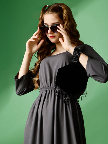 Dark Grey Party Wear Fit and Flare Western Dress With Sweetheart Neck and 3/4 Sleeve