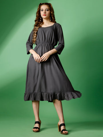 Dark Grey Party Wear Fit and Flare Western Dress With Sweetheart Neck and 3/4 Sleeve