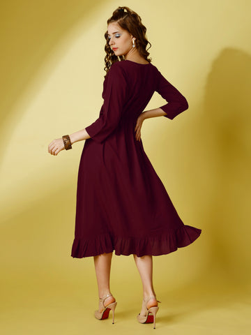 Maroon Party Wear Fit and Flare Western Dress With Sweetheart Neck and 3/4 Sleeve