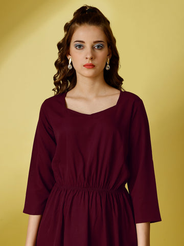 Maroon Party Wear Fit and Flare Western Dress With Sweetheart Neck and 3/4 Sleeve