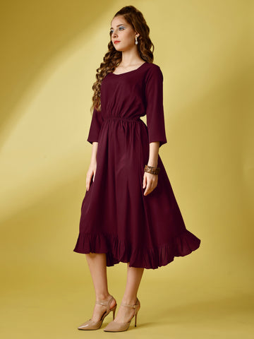 Maroon Party Wear Fit and Flare Western Dress With Sweetheart Neck and 3/4 Sleeve