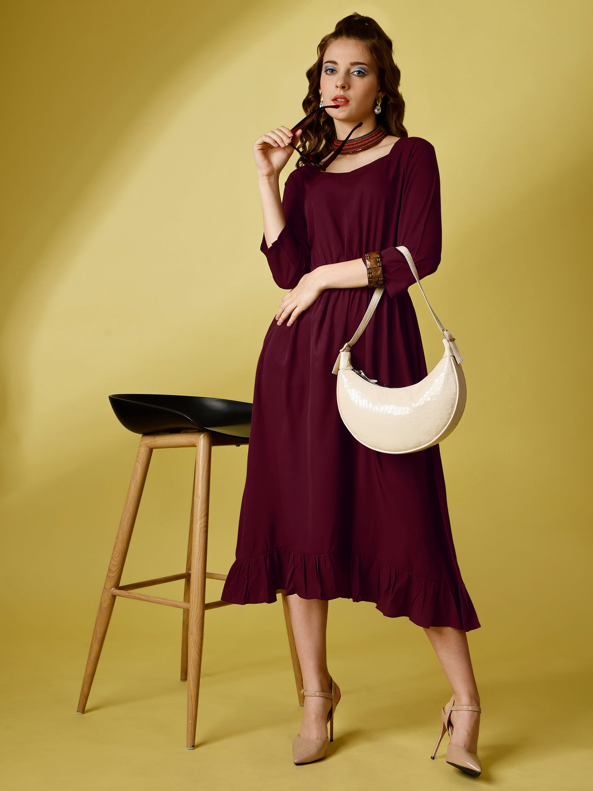 Maroon Party Wear Fit and Flare Western Dress With Sweetheart Neck and 3/4 Sleeve