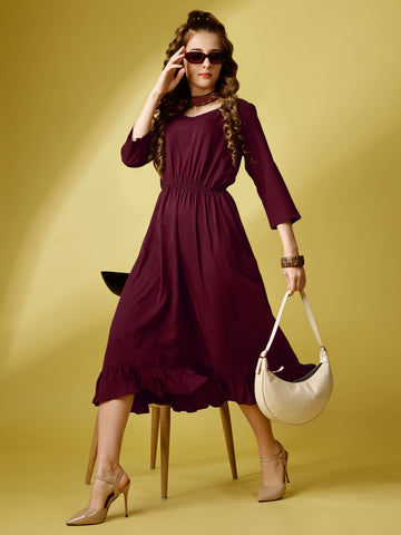 Maroon Party Wear Fit and Flare Western Dress With Sweetheart Neck and 3/4 Sleeve