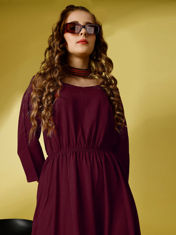 Maroon Party Wear Fit and Flare Western Dress With Sweetheart Neck and 3/4 Sleeve