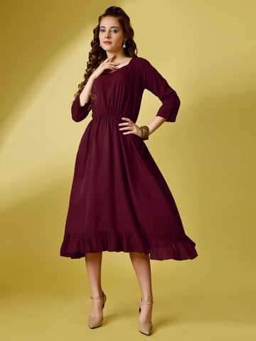 Maroon Party Wear Fit and Flare Western Dress With Sweetheart Neck and 3/4 Sleeve