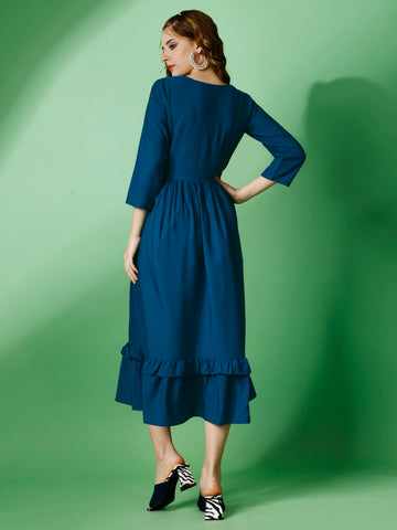 Metal Blue Party Wear Fit and Flare Western Dress With Sweetheart Neck and 3/4 Sleeve