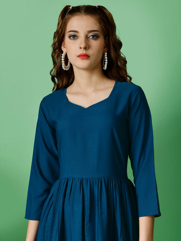 Metal Blue Party Wear Fit and Flare Western Dress With Sweetheart Neck and 3/4 Sleeve