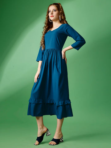 Metal Blue Party Wear Fit and Flare Western Dress With Sweetheart Neck and 3/4 Sleeve