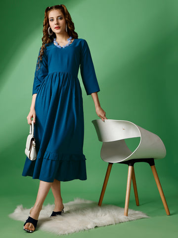 Metal Blue Party Wear Fit and Flare Western Dress With Sweetheart Neck and 3/4 Sleeve