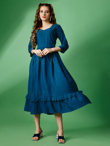 Metal Blue Party Wear Fit and Flare Western Dress With Sweetheart Neck and 3/4 Sleeve