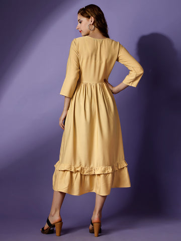 Gold Party Wear Fit and Flare Western Dress With Sweetheart Neck and 3/4 Sleeve