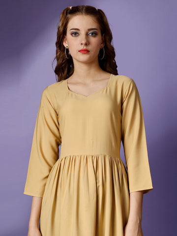 Gold Party Wear Fit and Flare Western Dress With Sweetheart Neck and 3/4 Sleeve