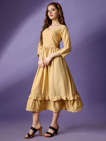 Gold Party Wear Fit and Flare Western Dress With Sweetheart Neck and 3/4 Sleeve