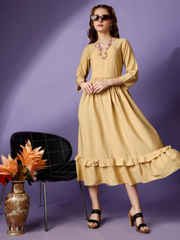 Gold Party Wear Fit and Flare Western Dress With Sweetheart Neck and 3/4 Sleeve