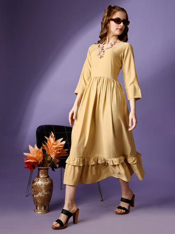 Gold Party Wear Fit and Flare Western Dress With Sweetheart Neck and 3/4 Sleeve