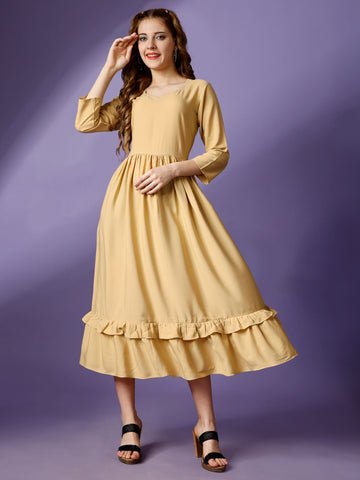 Gold Party Wear Fit and Flare Western Dress With Sweetheart Neck and 3/4 Sleeve