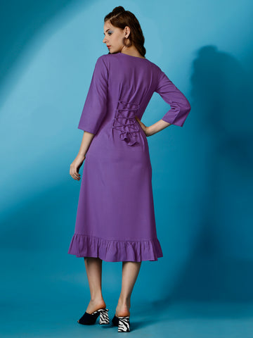 Purple Party Wear Fit and Flare Western Dress With V-Neck and 3/4 Sleeve