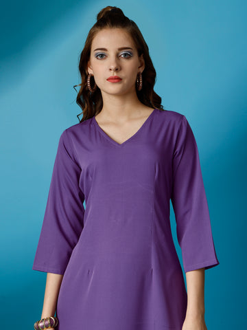 Purple Party Wear Fit and Flare Western Dress With V-Neck and 3/4 Sleeve