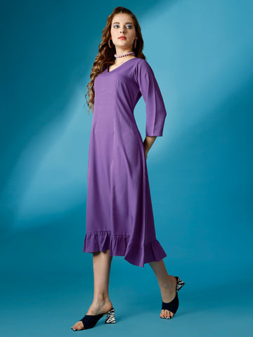 Purple Party Wear Fit and Flare Western Dress With V-Neck and 3/4 Sleeve