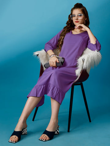 Purple Party Wear Fit and Flare Western Dress With V-Neck and 3/4 Sleeve