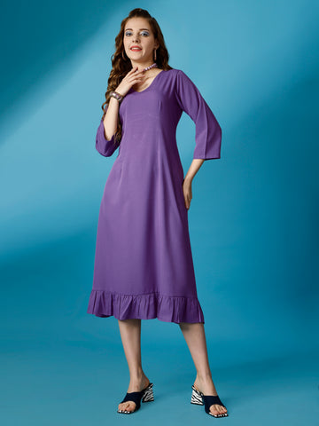 Purple Party Wear Fit and Flare Western Dress With V-Neck and 3/4 Sleeve