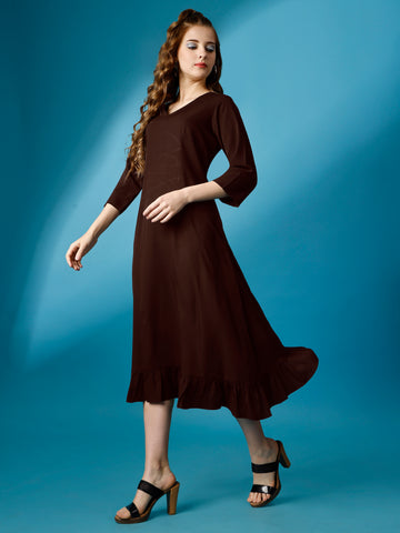 Coffee Party Wear Fit and Flare Western Dress With V-Neck and 3/4 Sleeve