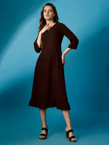 Coffee Party Wear Fit and Flare Western Dress With V-Neck and 3/4 Sleeve