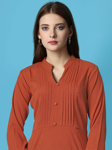 Rust Orange Party Wear Fit and Flare Western Dress With Collar Neck and 3/4 Sleeve