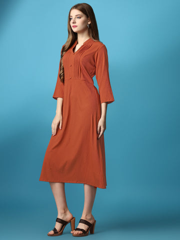 Rust Orange Party Wear Fit and Flare Western Dress With Collar Neck and 3/4 Sleeve