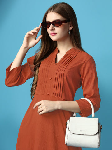 Rust Orange Party Wear Fit and Flare Western Dress With Collar Neck and 3/4 Sleeve