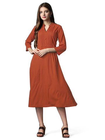 Rust Orange Party Wear Fit and Flare Western Dress With Collar Neck and 3/4 Sleeve