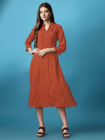 Rust Orange Party Wear Fit and Flare Western Dress With Collar Neck and 3/4 Sleeve