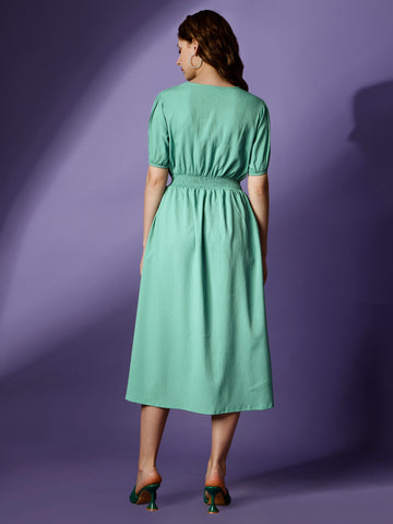 Mint Green Party Wear Fit and Flare Western Dress With V-Neck and Half Sleeve