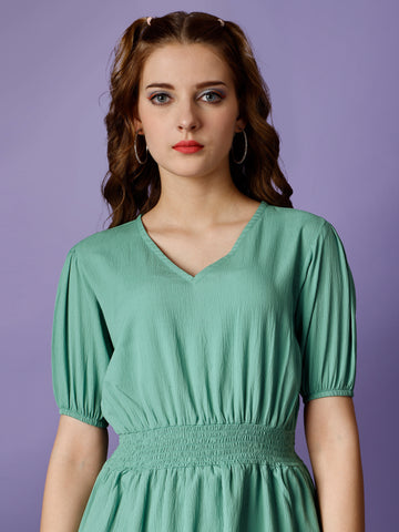 Mint Green Party Wear Fit and Flare Western Dress With V-Neck and Half Sleeve