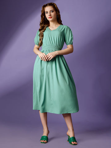 Mint Green Party Wear Fit and Flare Western Dress With V-Neck and Half Sleeve