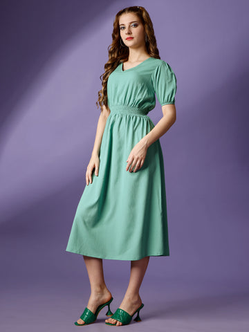 Mint Green Party Wear Fit and Flare Western Dress With V-Neck and Half Sleeve