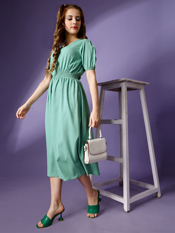 Mint Green Party Wear Fit and Flare Western Dress With V-Neck and Half Sleeve