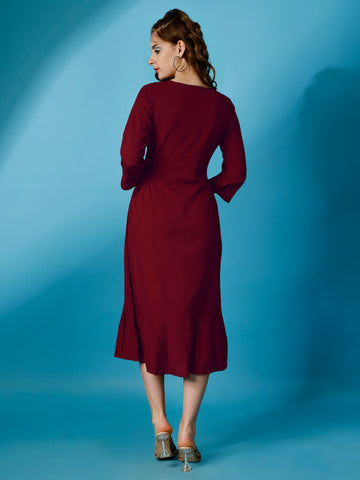 Maroon Party Wear Fit and Flare Western Dress With Round Neck and 3/4 Sleeve