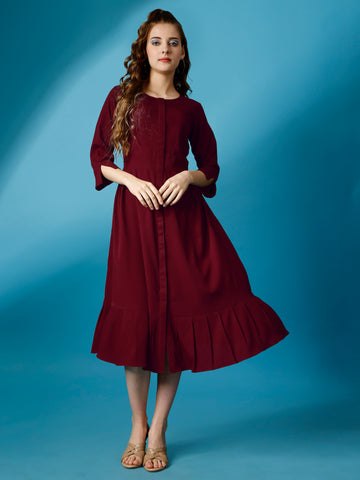 Maroon Party Wear Fit and Flare Western Dress With Round Neck and 3/4 Sleeve