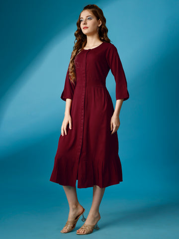 Maroon Party Wear Fit and Flare Western Dress With Round Neck and 3/4 Sleeve