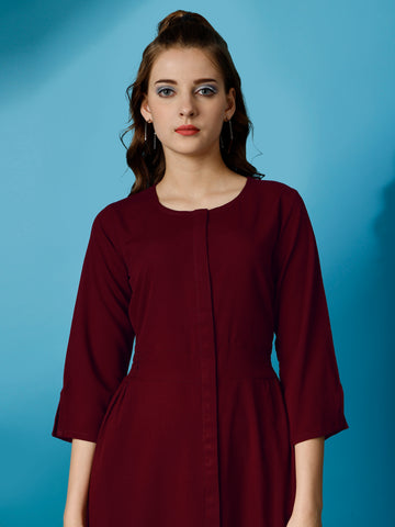 Maroon Party Wear Fit and Flare Western Dress With Round Neck and 3/4 Sleeve