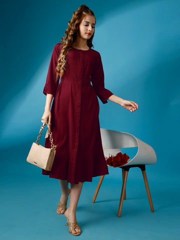 Maroon Party Wear Fit and Flare Western Dress With Round Neck and 3/4 Sleeve