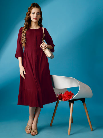 Maroon Party Wear Fit and Flare Western Dress With Round Neck and 3/4 Sleeve