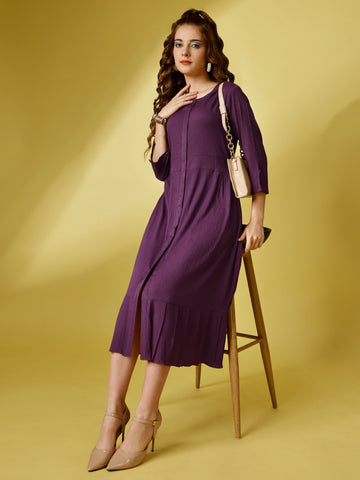 Lavender Party Wear Fit and Flare Western Dress With Round Neck and 3/4 Sleeve