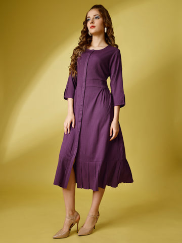 Lavender Party Wear Fit and Flare Western Dress With Round Neck and 3/4 Sleeve