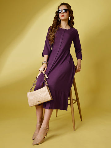 Lavender Party Wear Fit and Flare Western Dress With Round Neck and 3/4 Sleeve