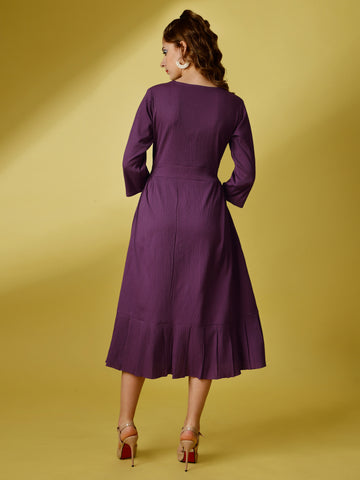 Lavender Party Wear Fit and Flare Western Dress With Round Neck and 3/4 Sleeve