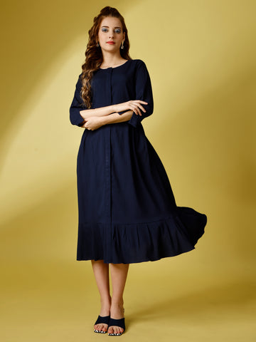 Navy Blue Party Wear Fit and Flare Western Dress With Round Neck and 3/4 Sleeve