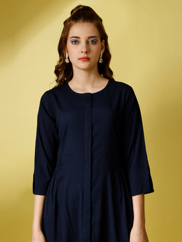 Navy Blue Party Wear Fit and Flare Western Dress With Round Neck and 3/4 Sleeve